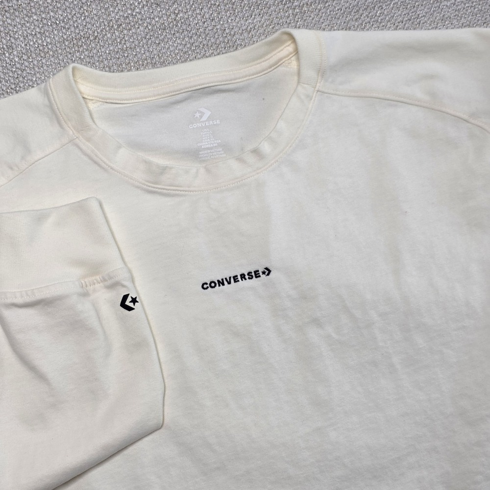 Converse Women Size L Cream Boxy Crop Top Long Sleeve T-Shirt Chuck Taylor READ